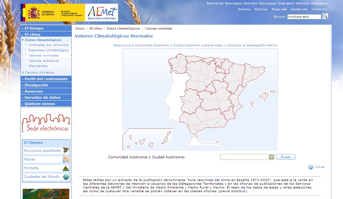 Captura de pantalla de los Valores Climatológicos Normales