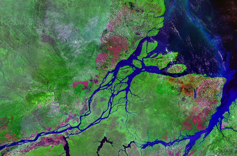 Vista desde un satélite de la desembocadura del río Amazonas.