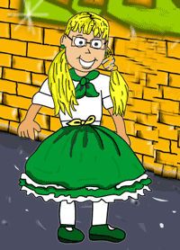 Niña con gafas de ver, pelo rubio con coletas, vestido con falda verde y blusa blanca, nariz pequeña y puntiaguda, boca sonriente.