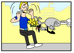 Escena. Luis sobresaltado porque un perro, de un salto, le roba las flores. 