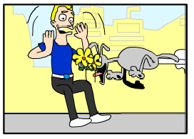 Escena. Luis sobresaltado porque un perro, de un salto, le roba las flores. 