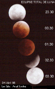 Durante un eclipse de luna, nuestro satlite adquiere un color rojizo muy caracterstico debido a la luz que le anva la Tierra. Tomada de www.abmedia.com/astro/planets